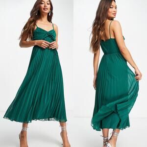 ASOS Forest Green Twist Front Pleated Cami Midi Dress